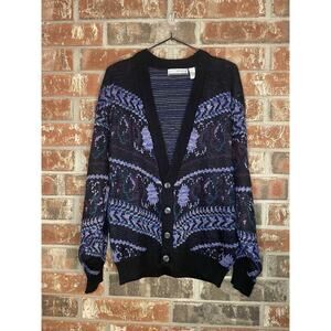 Vintage Saturdays Grandpa Knit V-neck Cardigan Colorful Purple Large 80s Retro